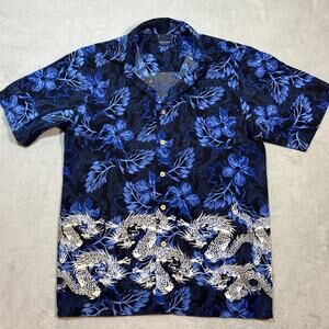 Y2K 2000s Japanese Dragon AOP Button Up Shirt Mens Small Floral Hawaiian Beach